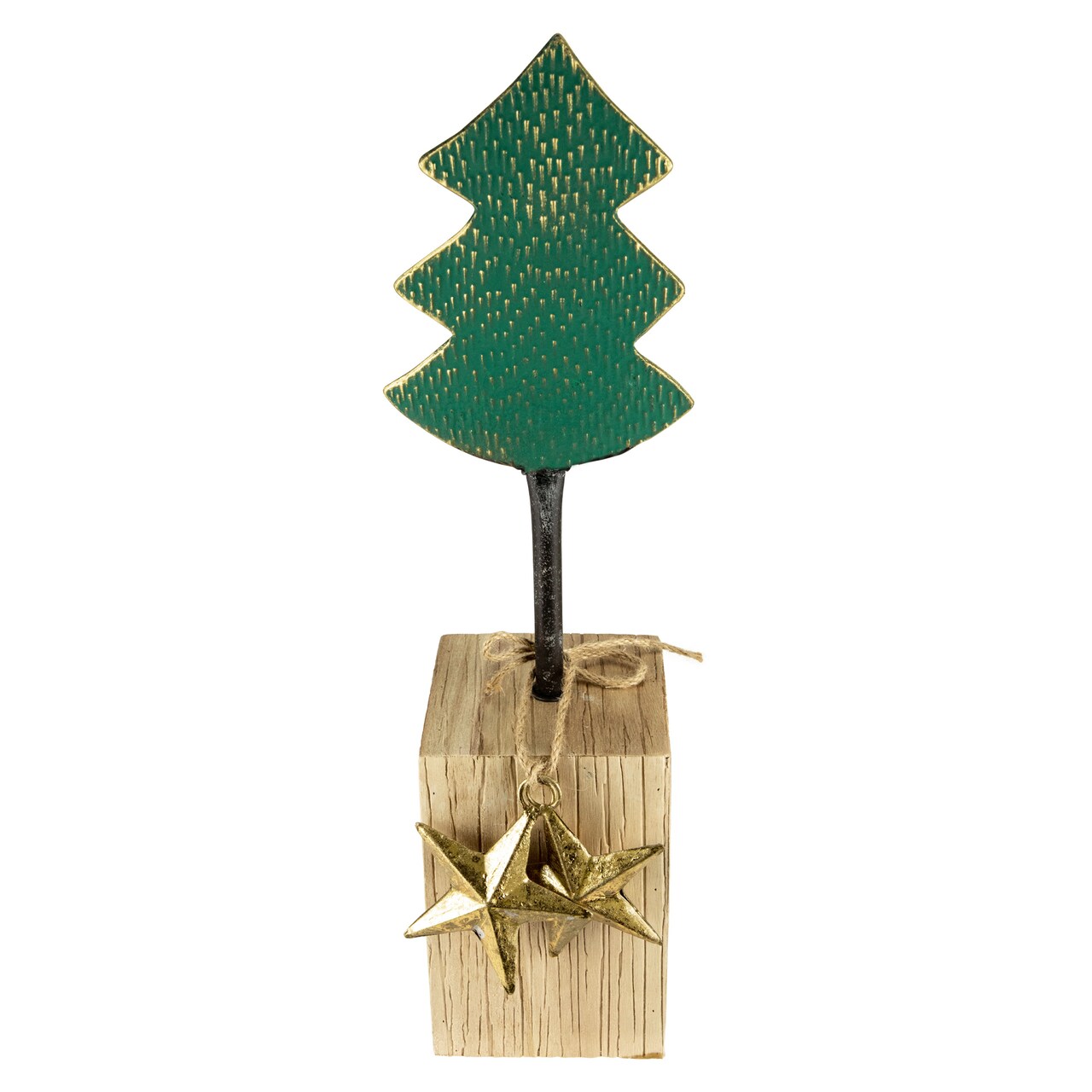 Northlight Metal Tree with Stars and Chunky Wooden Base Christmas Decoration - 16.75" - Green